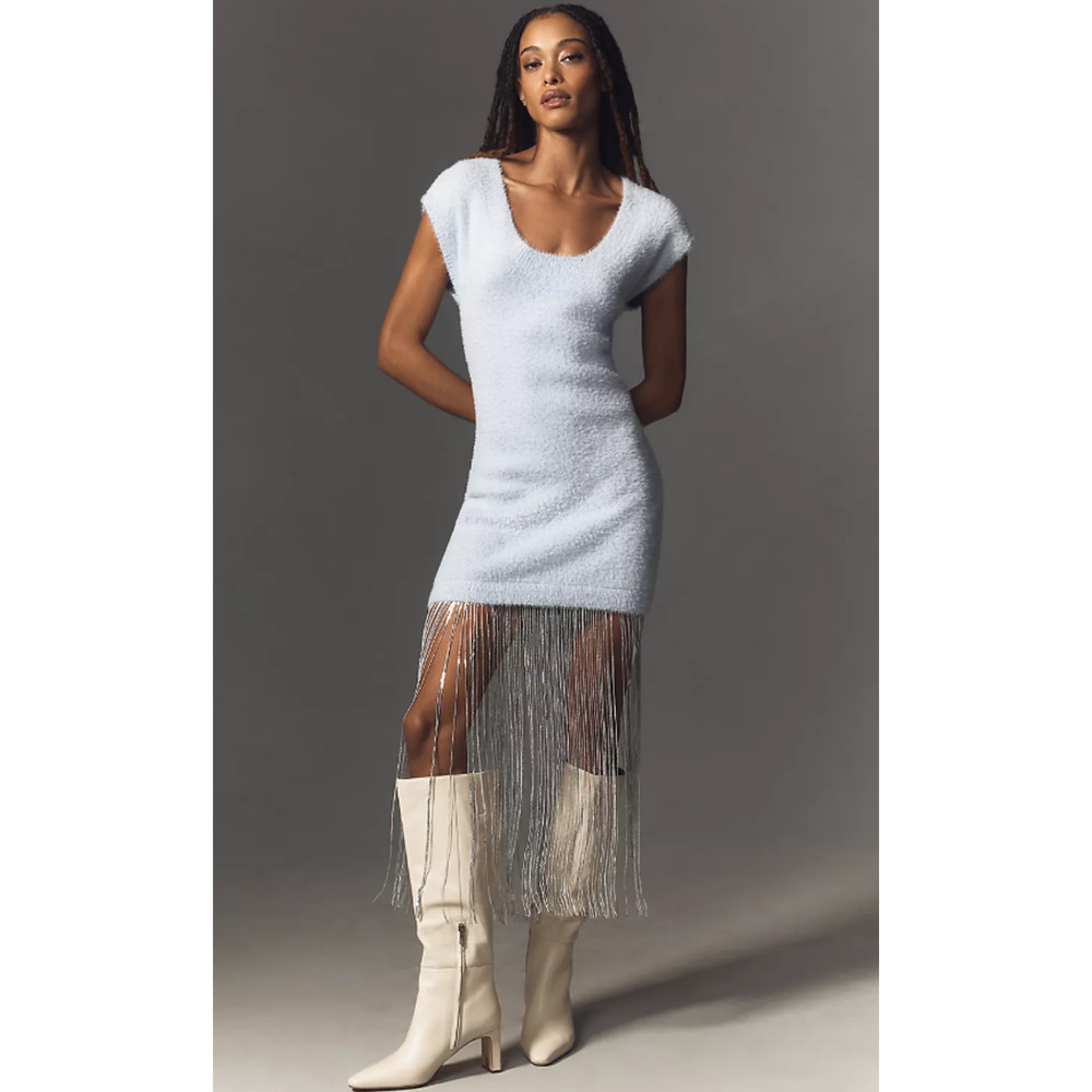 NWT Anthropologie Fringe-Trim Blue Sweater Dress - Medium